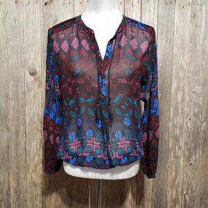 Lucky Brand S Top Blouse Burgundy Blue Geo Tassel Tie Neck Sheer Peasant
